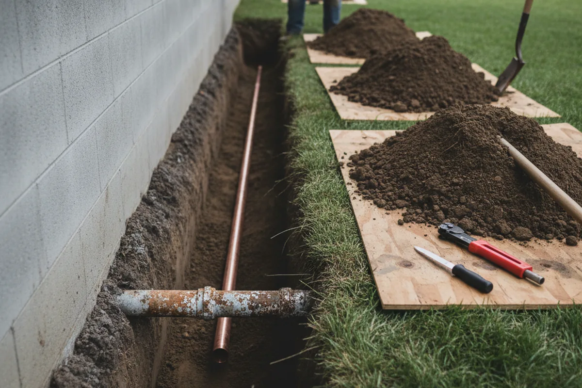 Excavated water line trench during Sewer Line Repair in Sadsburyville